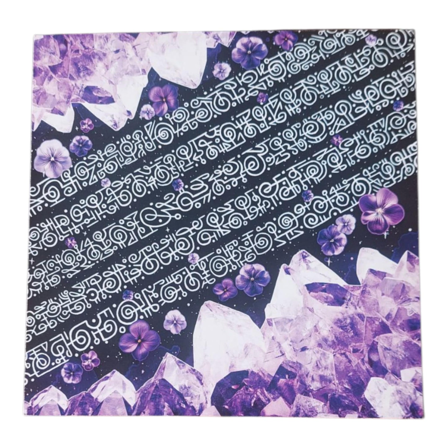 Diagonal purple crystal light language card with violet flowers and sacred symbols