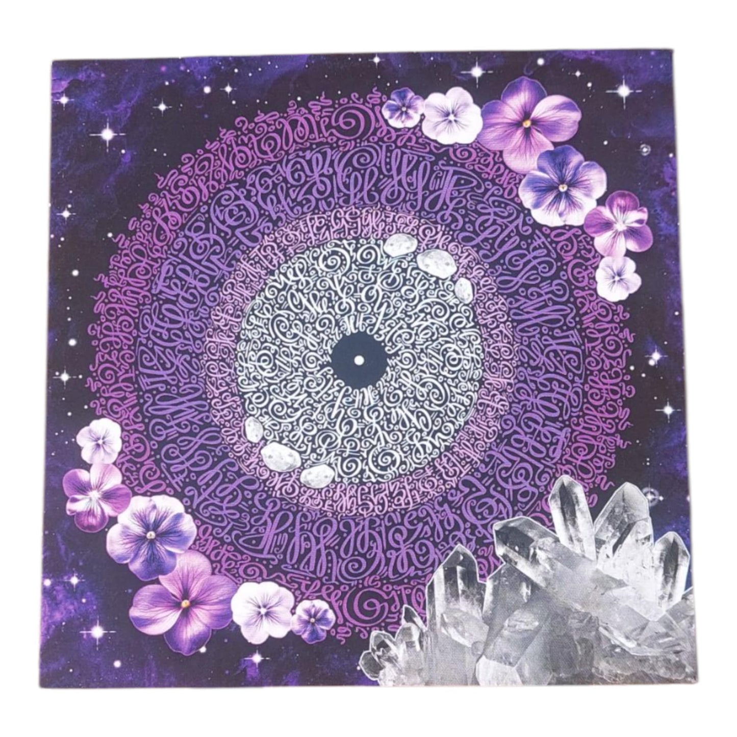 Purple galactic light code mandala card with violet flowers and white crystal accents