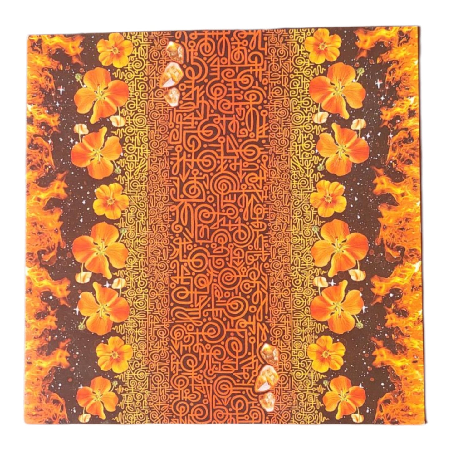 Fiery orange light code card with yellow flowers, flames, and energy symbols