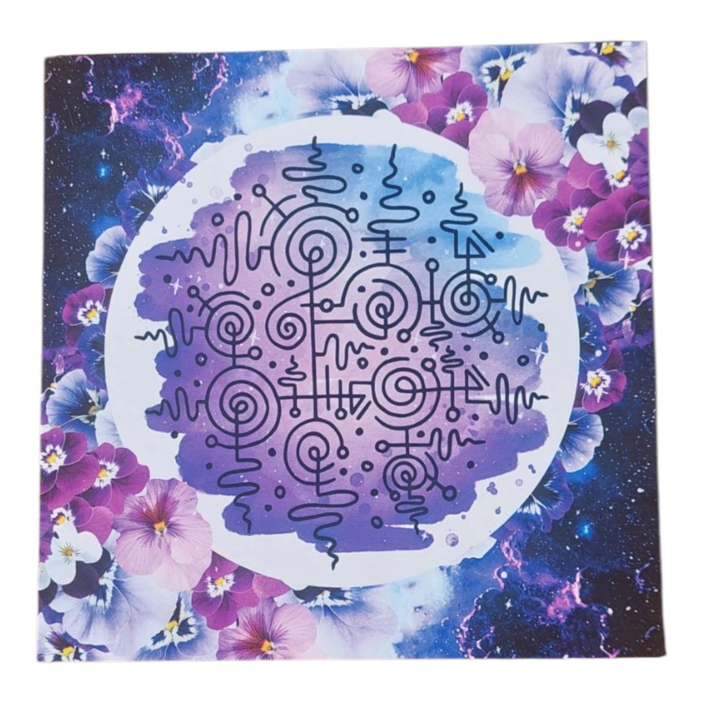 Blue and lavender light language card with circular code and galactic floral frame