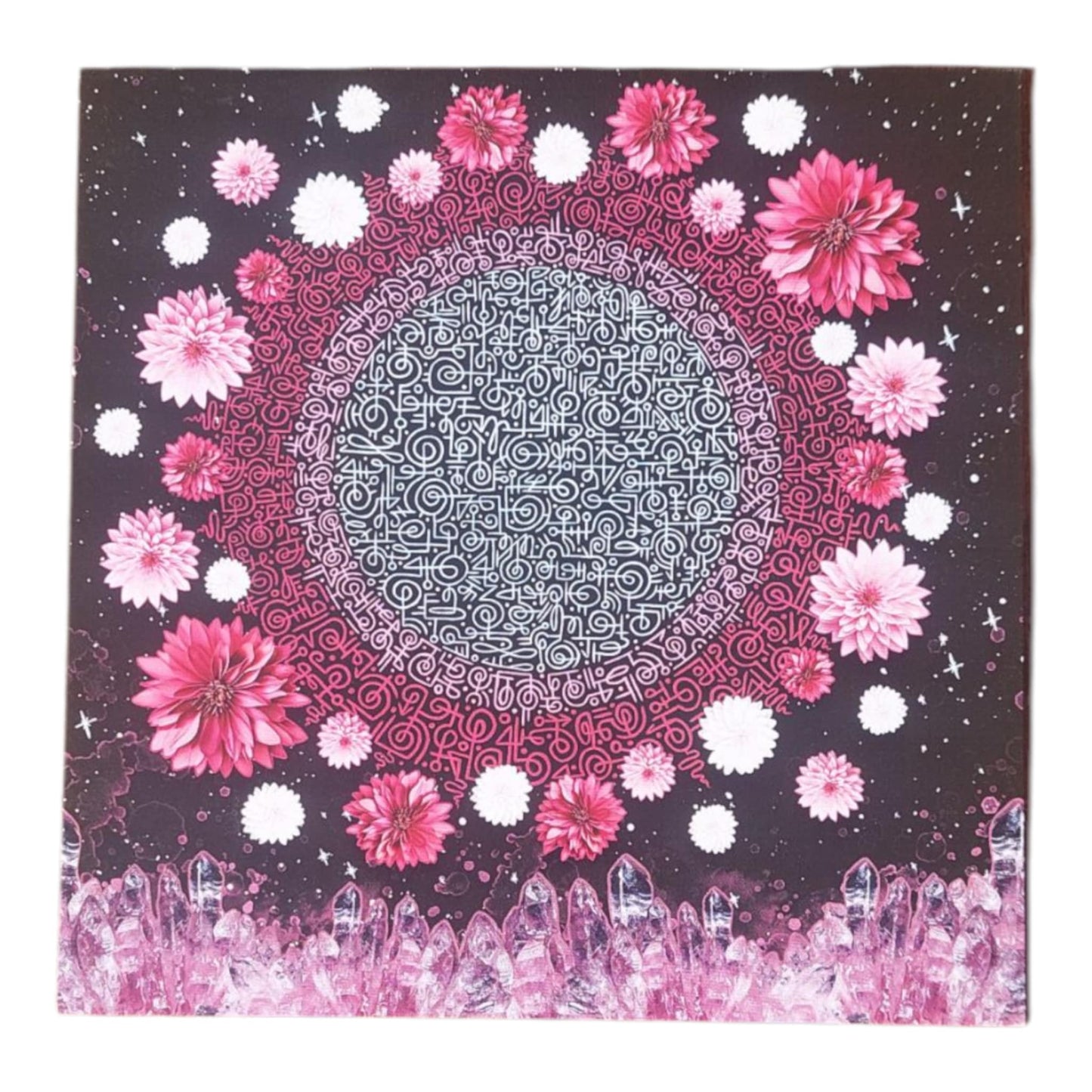 Celestial pink and white flower mandala card with quartz crystal and light code art