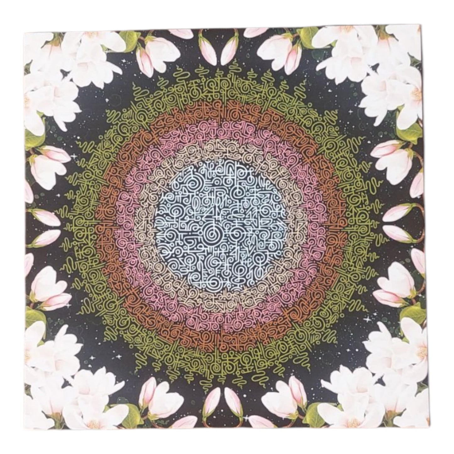 Mandala card with white blossoms and rainbow energy field of sacred symbols